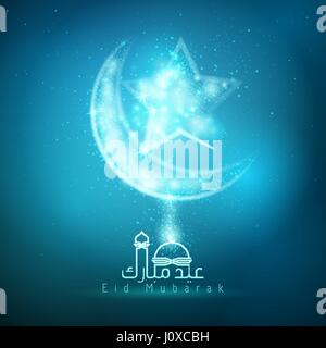 Eid Mubarak la calligraphie arabe blue glow light croissant et étoile islamique Illustration de Vecteur