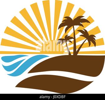 Fond circulaire coloré coucher de soleil dans l'océan avec plage et palmiers Illustration de Vecteur