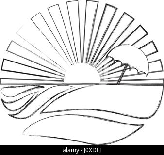 Silhouette floue fond circulaire avec coucher du soleil Plage et parasol Illustration de Vecteur