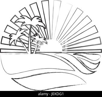 Fond circulaire monochrome de contour coucher du soleil dans l'océan avec plage et palmiers Illustration de Vecteur