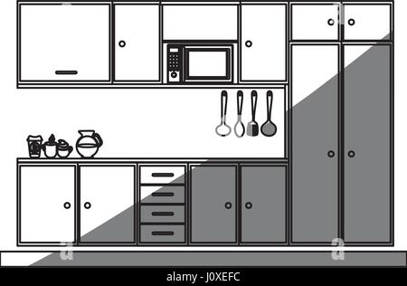 Silhouette monochrome des armoires de cuisine moderne Illustration de Vecteur