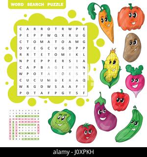 L'éducation, vecteur de mots croisés couleur jeu pour les enfants sur les légumes. Puzzle de recherche de mot Illustration de Vecteur