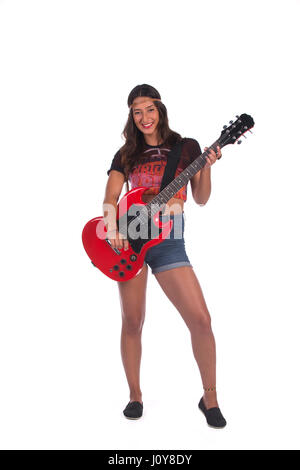 Hippie woman holding a white background studio portrait guitare Banque D'Images