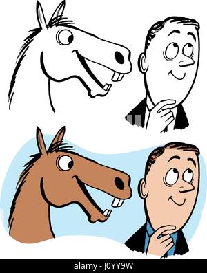 Un homme obtient une astuce directement de la bouche du cheval. Illustration de Vecteur