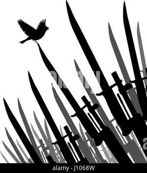 Vecteur modifiable silhouette d'un oiseau chantant perché sur la pointe d'une baïonnette en symbole de paix Illustration de Vecteur