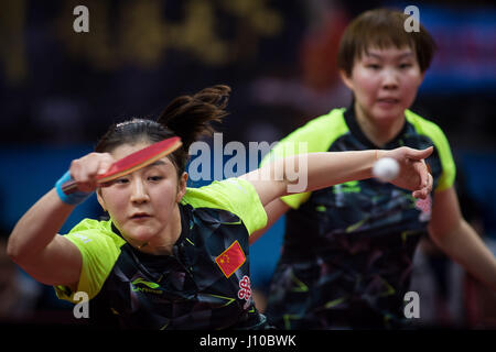 Wuxi, Wuxi, Chine. Apr 16, 2017. Wuxi, Chine-Avril 16 2017 : (usage éditorial uniquement. Chine OUT) .joueur de tennis de table chinois Zhu Yuling participe au double de la femme avec son partenaire Wang Chenmeng au Championnat de Tennis de Table asiatique de Wuxi, Jiangsu Province de Chine orientale, le 16 avril, 2017. Crédit : SIPA Asie/ZUMA/Alamy Fil Live News Banque D'Images