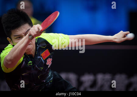 Wuxi, Wuxi, Chine. Apr 16, 2017. Wuxi, Chine-Avril 16 2017 : (usage éditorial uniquement. Chine OUT) joueur de tennis de table chinois Fan Zhendong bat Jeong Sangeun asiatique au 23e Tennis de Table Championnats d'Asie de l'est de Wuxi, Province de Jiangsu, avril 16th, 2017. Crédit : SIPA Asie/ZUMA/Alamy Fil Live News Banque D'Images