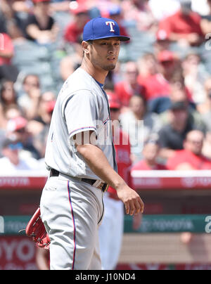 Anaheim, Californie, USA. 13 avr, 2017. Yu Darvish (Rangers) MLB : Texas Rangers Yu Darvish lanceur partant en ligue majeure de baseball pendant les match contre les Los Angeles Angels of Anaheim au Angel Stadium d'Anaheim à Anaheim, California, United States . Credit : AFLO/Alamy Live News Banque D'Images
