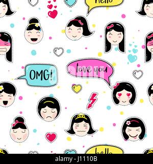 Style Anime modèle transparent avec mignon filles emoji Illustration de Vecteur