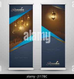 Salutation islamique sur roll up banner Ramadan Kareem template design vertical avec mosquée et lanterne arabe Illustration de Vecteur