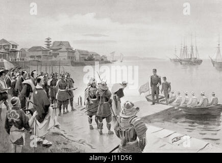 L'atterrissage de l'amiral Perry dans le port de Tokio, Japon, 8 juillet 1853. Matthew Calbraith Perry, 1794 – 1858. Commodore de la Marine des États-Unis qui a joué un rôle de premier plan dans l'ouverture du Japon à l'Ouest avec la Convention de Kanagawa en 1854. De l'Histoire des Nations de Hutchinson, publié en 1915 Banque D'Images