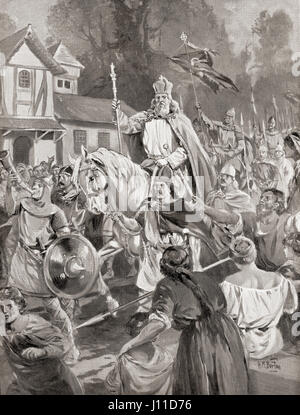 Charlemagne retour à Bruxelles, siège de son pays. Charlemagne aka Charles le Grand, 742/747/748 - 814, numérotées de Charles I. Roi des Francs à partir de 768, roi des Lombards de 774 et Empereur des Romains à partir de 800. L'histoire de Hutchinson de l'ONU, publié 1915 Banque D'Images