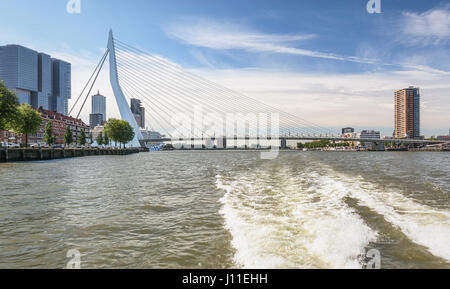 Rotterdam, Pays-Bas - le 18 août 2016 : Photo du pont Erasmus et pour l'immeuble le long de la Rotterdam Wilhelminakade a l'AIDA cruis Banque D'Images