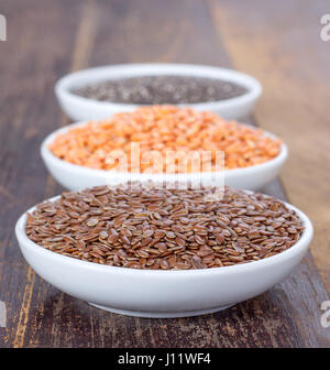 Fèves en porcelaine avec lin, lentilles rouges et graines de chia Banque D'Images