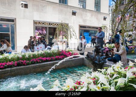 Des hordes de touristes affluent pour le Rockefeller Center de New York le Vendredi saint, le 14 avril 2017 pour profiter des milliers de fleurs décorant les Channel Gardens. NYC & Co, l'Agence du tourisme de la ville, a prévu que New York recevra moins de 300 000 visiteurs d'outre-mer en 2017, la première baisse depuis 2008. Les visiteurs étrangers dépensent près de la moitié des 42 milliards de dollars que la ville tire en tourisme. (© Richard B. Levine) Banque D'Images