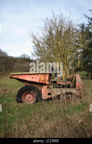 Powys, au Royaume-Uni. Un camion dumper, enfonce dans le sol et avec un ancien arbre qui grandit à travers elle, sur les terres agricoles à la mi-Galles Banque D'Images