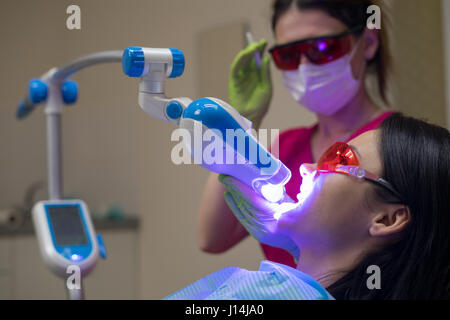 Close-up portrait of a female patient au dentiste de la clinique. Procédure de blanchiment des dents à l'uv lampe UV. Banque D'Images