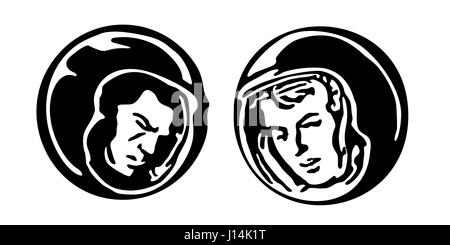 Silhouettes vecteur de l'homme et de la femme en costume de l'espace Illustration de Vecteur