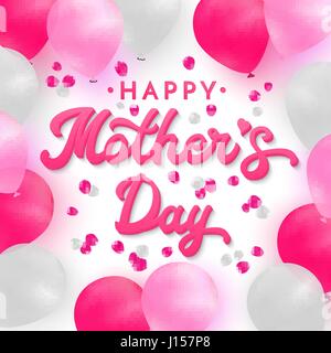 Happy Mothers Day card avec lettrage 3D à main rose romantique texte sur fond blanc avec blanc, rose et rose ballons réaliste et pétales de rose. Illustration vecteur de polices. Illustration de Vecteur