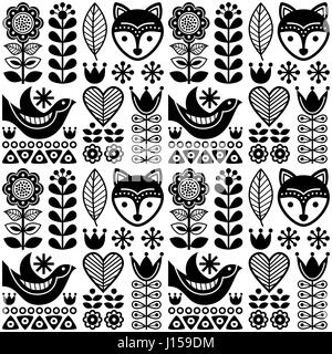 Seamless pattern scandinave art populaire - noir design finlandais, de style nordique Illustration de Vecteur