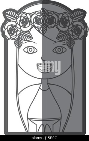 Silhouette monochrome figure moitié du corps vierge maria cartoon avec couronne de roses Illustration de Vecteur