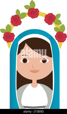 Fond blanc de la moitié du corps, belle vierge avec couronne de roses et manteau bleu Illustration de Vecteur