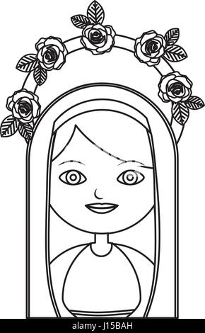 Contour de corps monochrome demi belle vierge avec couronne de roses et du manteau Illustration de Vecteur