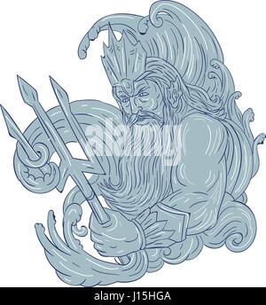 Style croquis dessin illustration d'un dieu de la mer Poseidon trident holding entouré par vagues depuis le côté isolé situé sur white Illustration de Vecteur