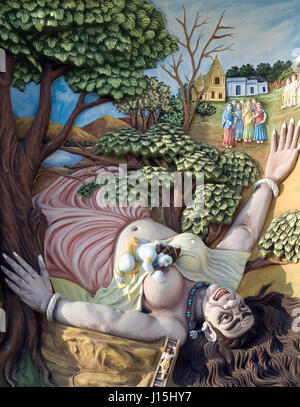 Krishna enfant démon putana tue la peinture sur mur, Uttar Pradesh, Inde, Asie Banque D'Images