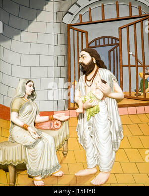 Vasudeva et Devaki avec krishna enfant en prison peinture, Uttar Pradesh, Inde, Asie Banque D'Images