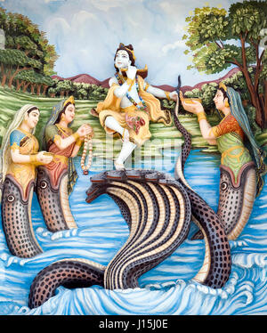 Krishna dansant sur serpent kaliya naag wall painting, de l'Uttar Pradesh, Inde, Asie - 253592 Banque D'Images