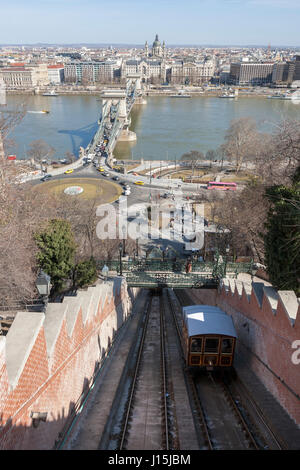 Le Funiculaire du château de Buda, Clark Ádám tér, le Pont des chaînes Széchenyi sur le Danube, et Pest, sur la rive opposée, Budapest, Hongrie Banque D'Images