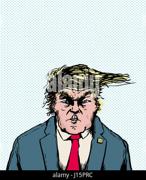 18 avril, 2017. Caricature de l'atout de Donald avec ses dents serrées et la coiffure soufflant sur le côté Banque D'Images