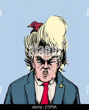 18 avril, 2017. Caricature de crier l'atout de Donald avec la nidification des oiseaux dans les cheveux Banque D'Images