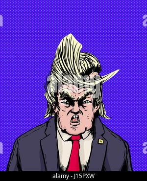 18 avril, 2017. Caricature de Donald Trump dans weird parted et hurler la coiffure Banque D'Images