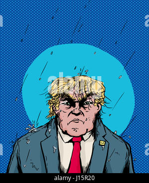 18 avril, 2017. Caricature de trempé, Donald Trump dans la tempête de pluie Banque D'Images