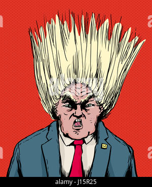 18 avril, 2017. Caricature d'indignés, Donald Trump avec coiffure soufflée Banque D'Images