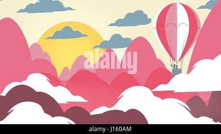 Coupe-papier en applique de style paysage de montagne avec Hot Air Balloon - Vector Illustration Illustration de Vecteur