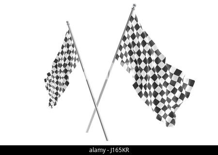 Deux drapeaux à damiers course franchi, la finition du drapeau à damier, rendu 3D isolated on white Banque D'Images