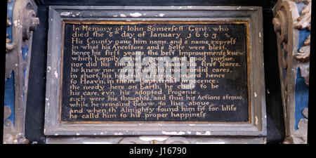 Somerset Somerset Sir John's memorial Brent Knoll UK Somerset St Michael's Church. Il est mort en 1663 HOMER SYKES Banque D'Images