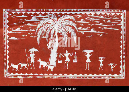 Peinture sur mur. Couleur Blanc peinture sur un mur rouge. Banque D'Images