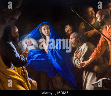 Scène de la nativité. 'L'Adoration des bergers" par Philippe de Champaigne (1602 - 1674), huile sur toile, c.1645. Détail d'une peinture plus J16DMC. Banque D'Images