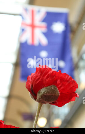 Adélaïde, Australie. Apr 19, 2017. Une galerie marchande à Adélaïde est décorée de drapeaux et de coquelicots rouges que l'Australie s'apprête à célébrer le 102e anniversaire du débarquement de l'Anzac à Gallipoli le 25 avril 1915 par les troupes de l'Australian and New Zealand Army Corps (ANZAC). Credit : amer ghazzal/Alamy Live News Banque D'Images