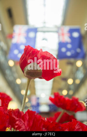 Adélaïde, Australie. Apr 19, 2017. Une galerie marchande à Adélaïde est décorée de drapeaux et de coquelicots rouges que l'Australie s'apprête à célébrer le 102e anniversaire du débarquement de l'Anzac à Gallipoli le 25 avril 1915 par les troupes de l'Australian and New Zealand Army Corps (ANZAC). Credit : amer ghazzal/Alamy Live News Banque D'Images