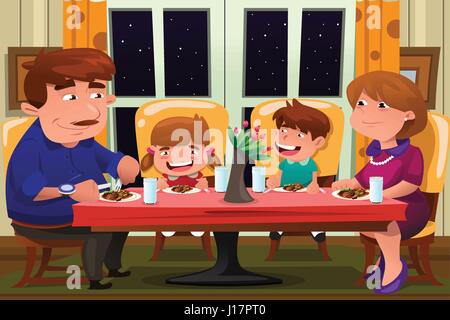 Un vecteur illustration de happy family eating dinner together Illustration de Vecteur