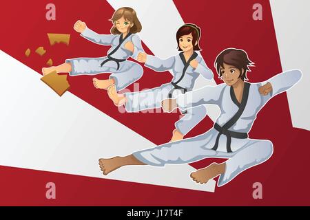 Un vecteur illustration de l'art martiaux bannière avec les enfants pratiquant le karaté Illustration de Vecteur