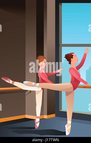 Un vecteur illustration de mignon ballerina practicing ballet filles dans un studio de danse Illustration de Vecteur