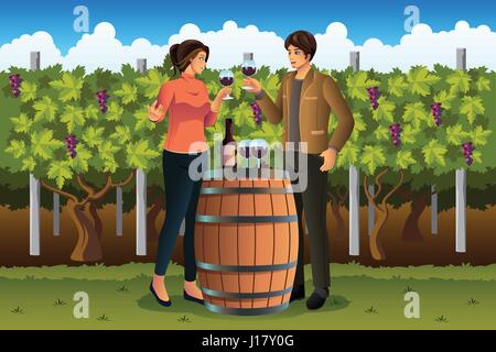 Un vecteur illustration de couple drinking wine in vineyard Illustration de Vecteur