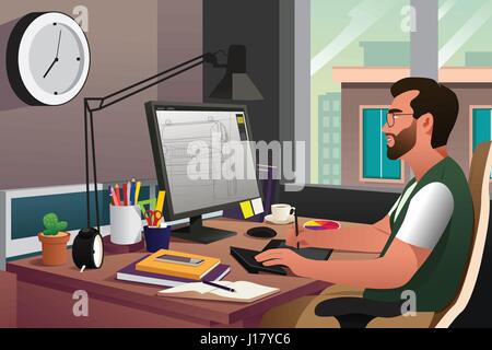 Un vecteur illustration de l'illustrateur travaillant en avant de l'ordinateur à l'aide d'un stylo Illustration de Vecteur