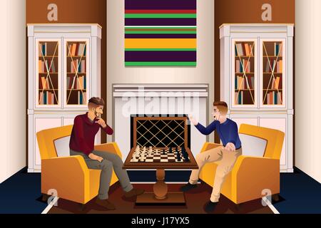 Un vecteur illustration de deux hommes jouant aux échecs dans le salon Illustration de Vecteur